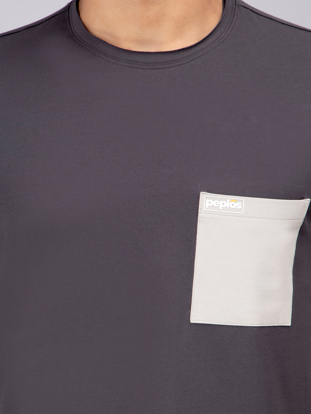 Men's Half-Sleeve Solid Cotton T-shirt with Pocket - Dark Grey - Peplos Jeans