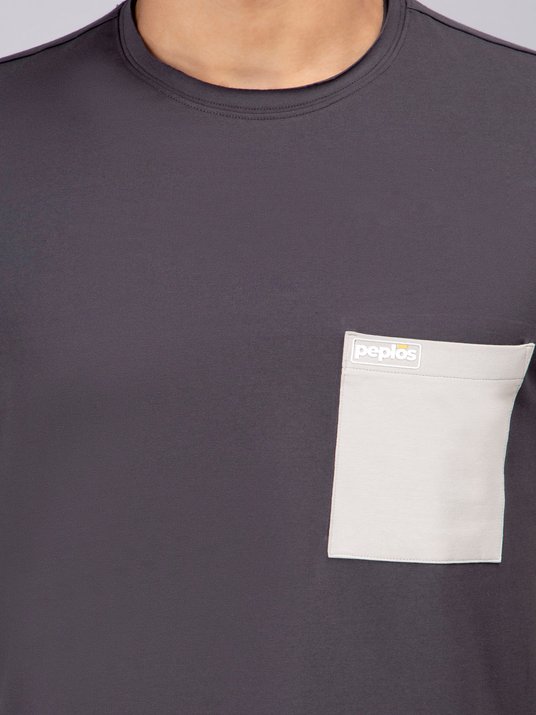 Men's Half-Sleeve Solid Cotton T-shirt with Pocket - Dark Grey - Peplos Jeans