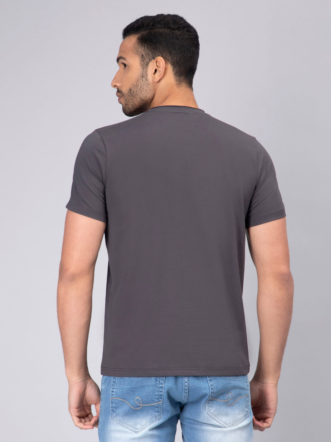 Men's Half-Sleeve Solid Cotton T-shirt with Pocket - Dark Grey - Peplos Jeans