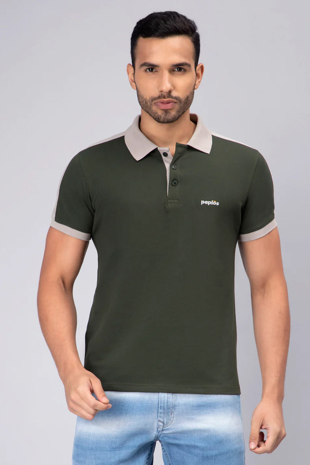 Men's Polo Neck Bottle Green Premium Cotton T-shirt - Peplos Jeans