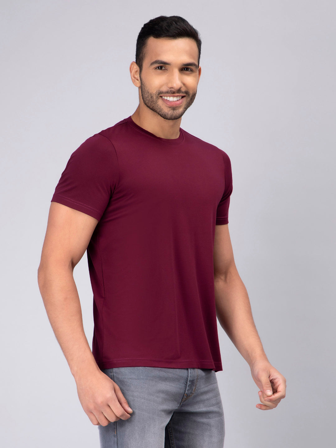 Men's Half-Sleeve Solid Wine Cotton T-shirt - Peplos Jeans