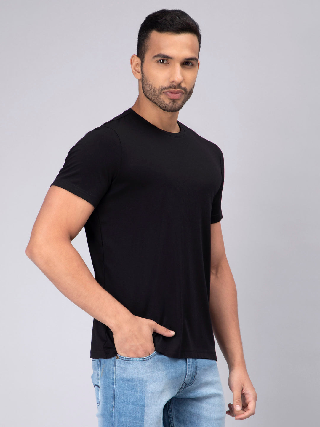 Men's Half-Sleeve Solid Black Cotton T-shirt - Peplos Jeans