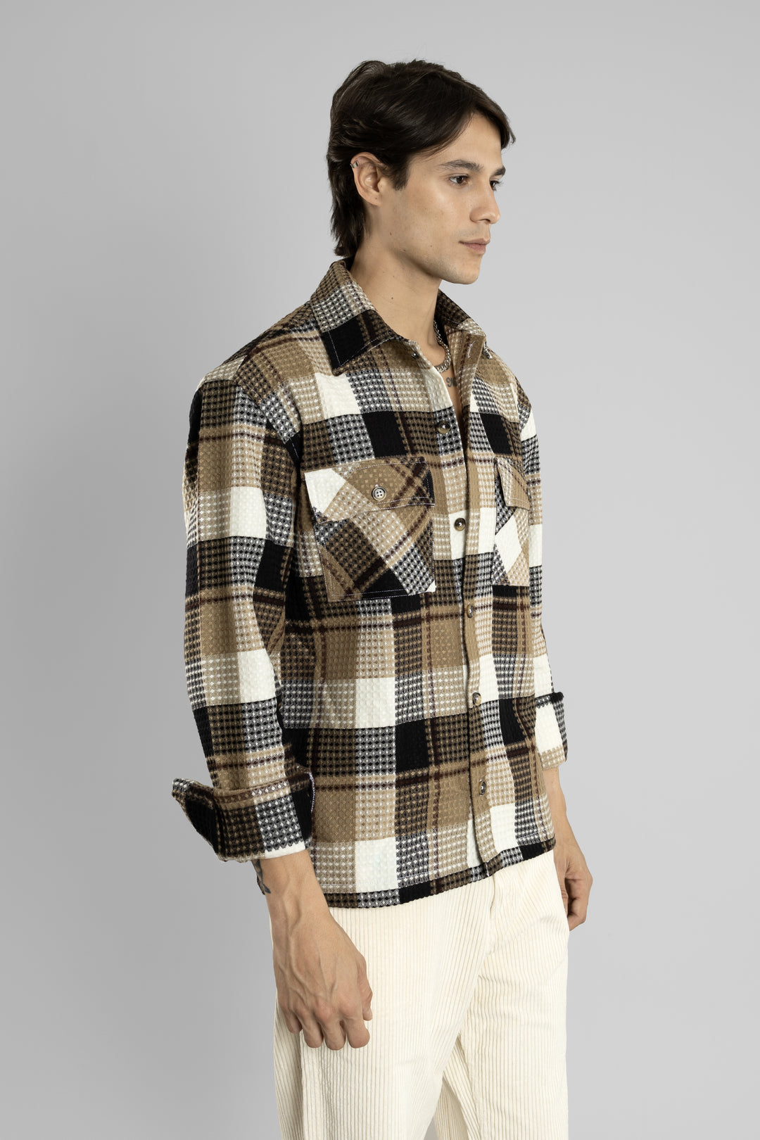 Oversized Checkered Shacket (Brown)