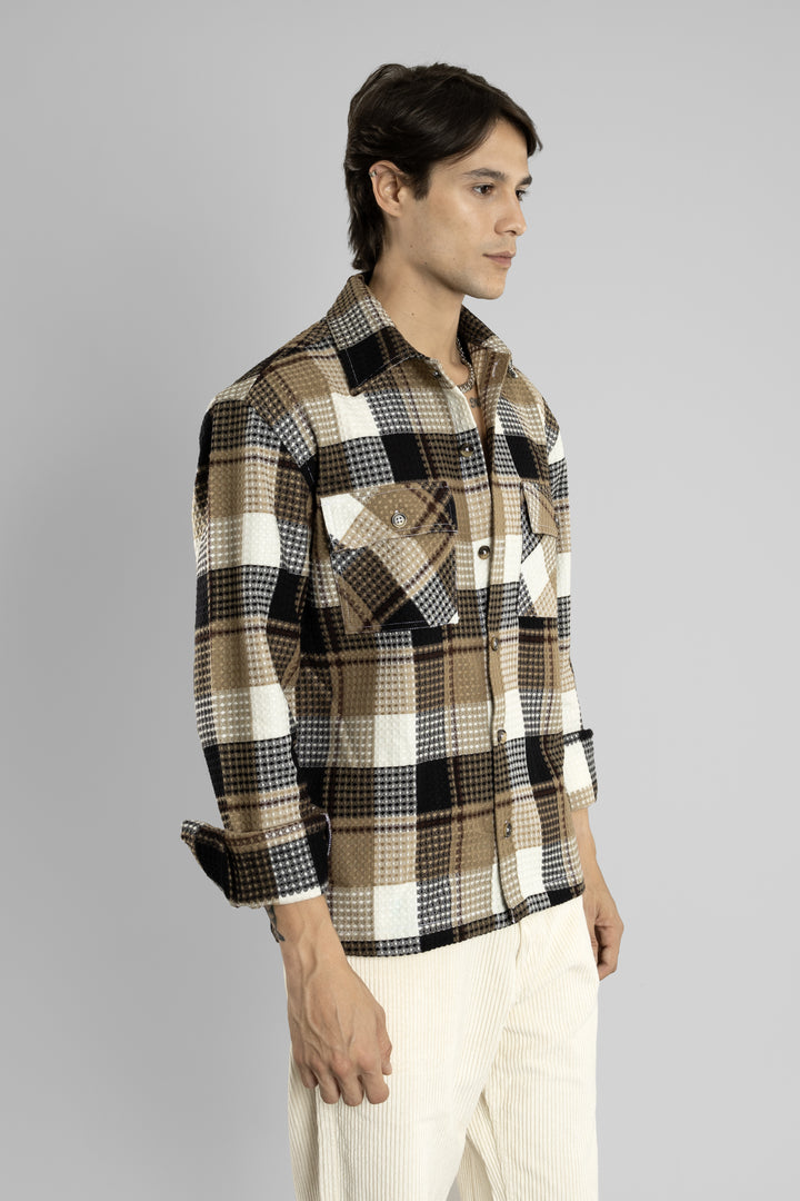 Oversized Checkered Shacket (Brown)