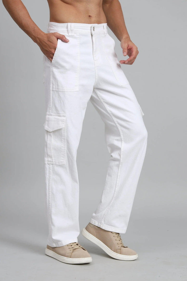 Men's Loose Fit Multiple Pocket White Denim Cargo Pant - Peplos Jeans