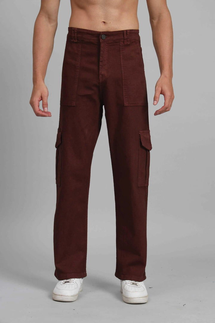 Men's Loose Fit Multiple Pocket Brown Denim Cargo Pant - Peplos Jeans