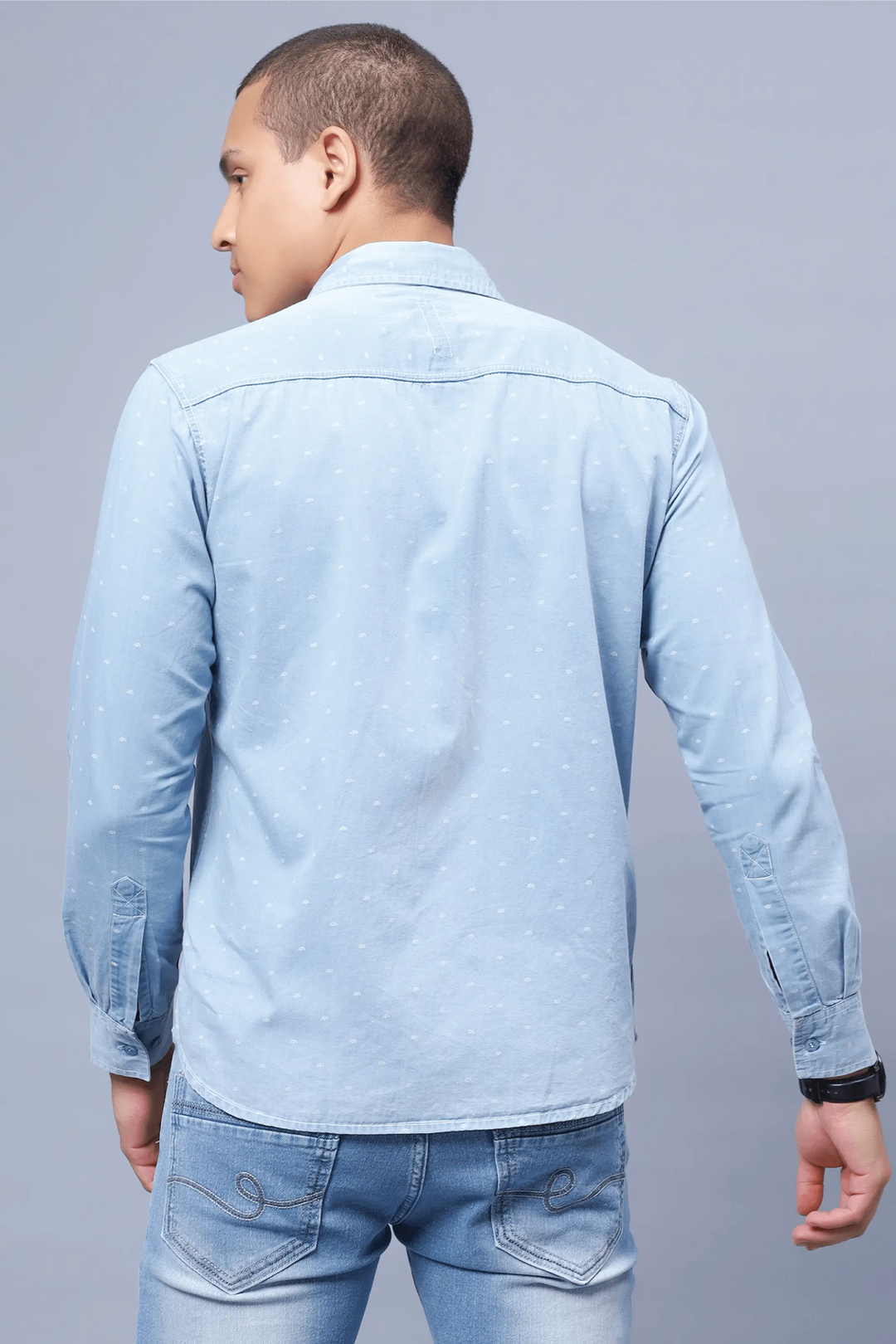 Regular Fit Light Blue Solid Denim Shirt For Men - Peplos Jeans
