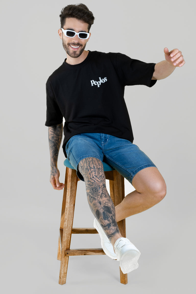Men's Black Oversized T-Shirt - Printed Tee - Peplos Jeans