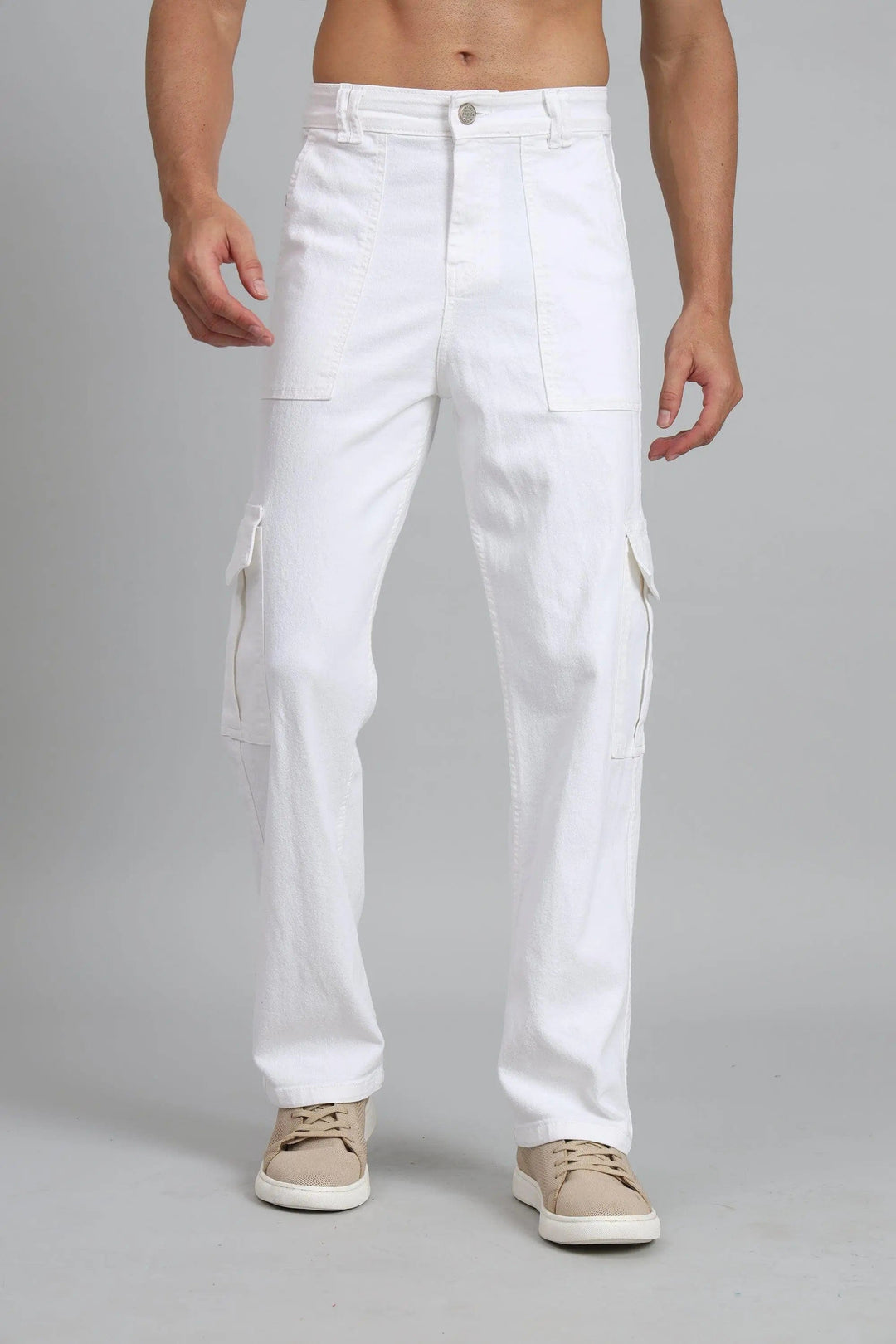 Men's Loose Fit Multiple Pocket White Denim Cargo Pant - Peplos Jeans