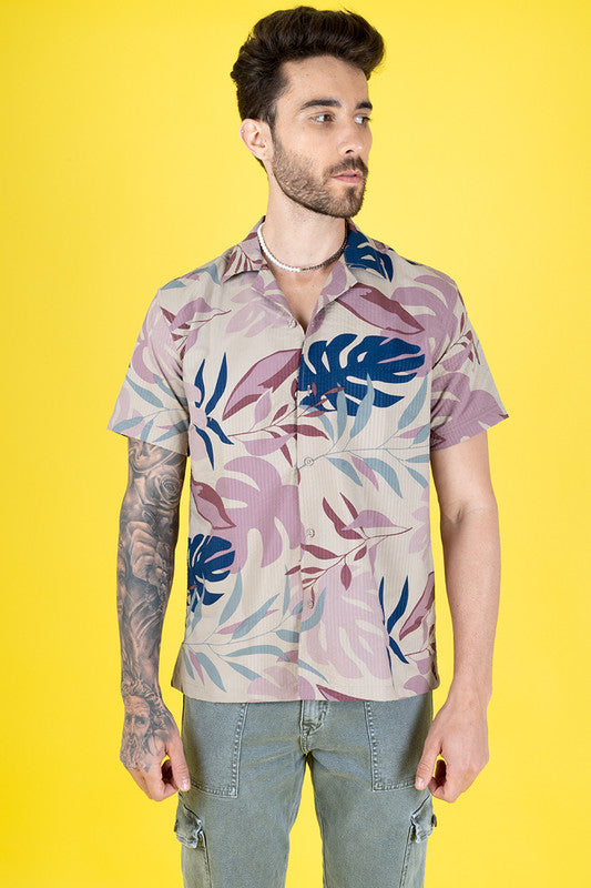 Men's Regular Fit Cuban Collar Cotton Shirt - Tropical Print - Pink Flower