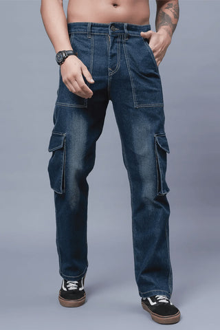 Men Multi Pocket Dark Blue Cargo Denim Jeans