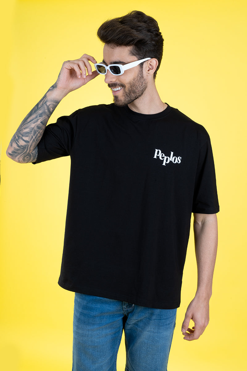 Men's Black Oversized Cotton T-Shirt - Casual Round Neck Printed Tee
