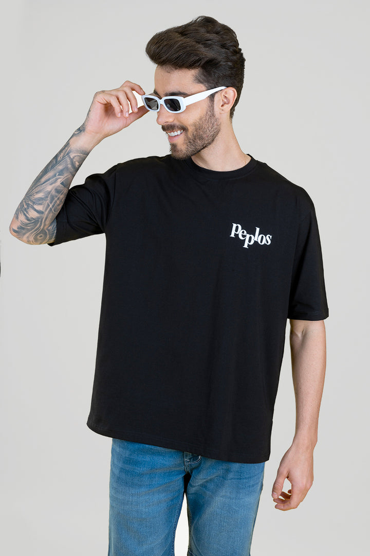 Men's Black Oversized T-Shirt - Printed Tee - Peplos Jeans