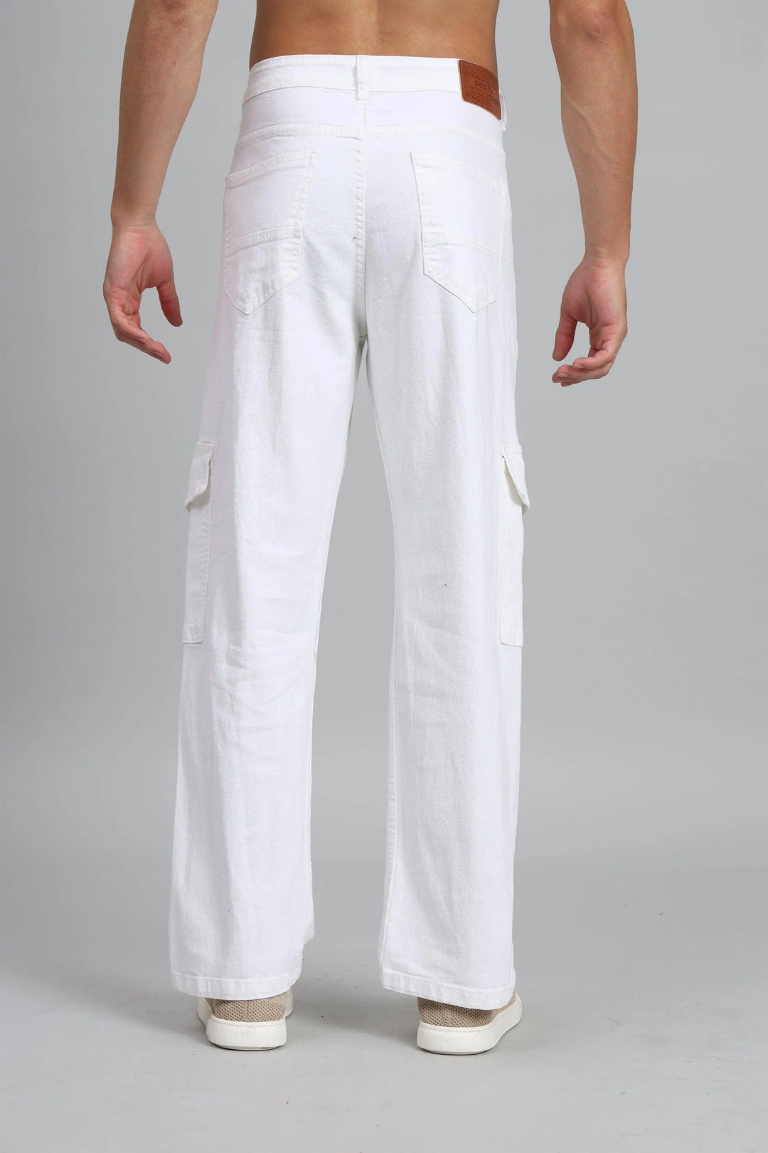 Men's Loose Fit Multiple Pocket White Denim Cargo Pant - Peplos Jeans