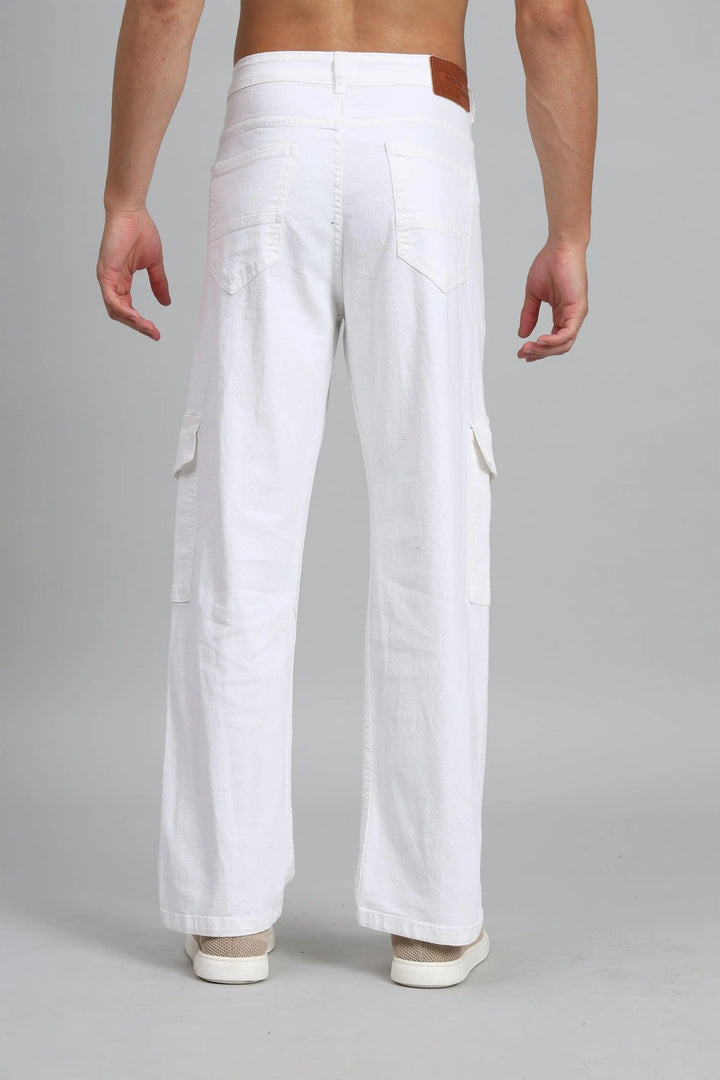 Men's Loose Fit Multiple Pocket White Denim Cargo Pant - Peplos Jeans