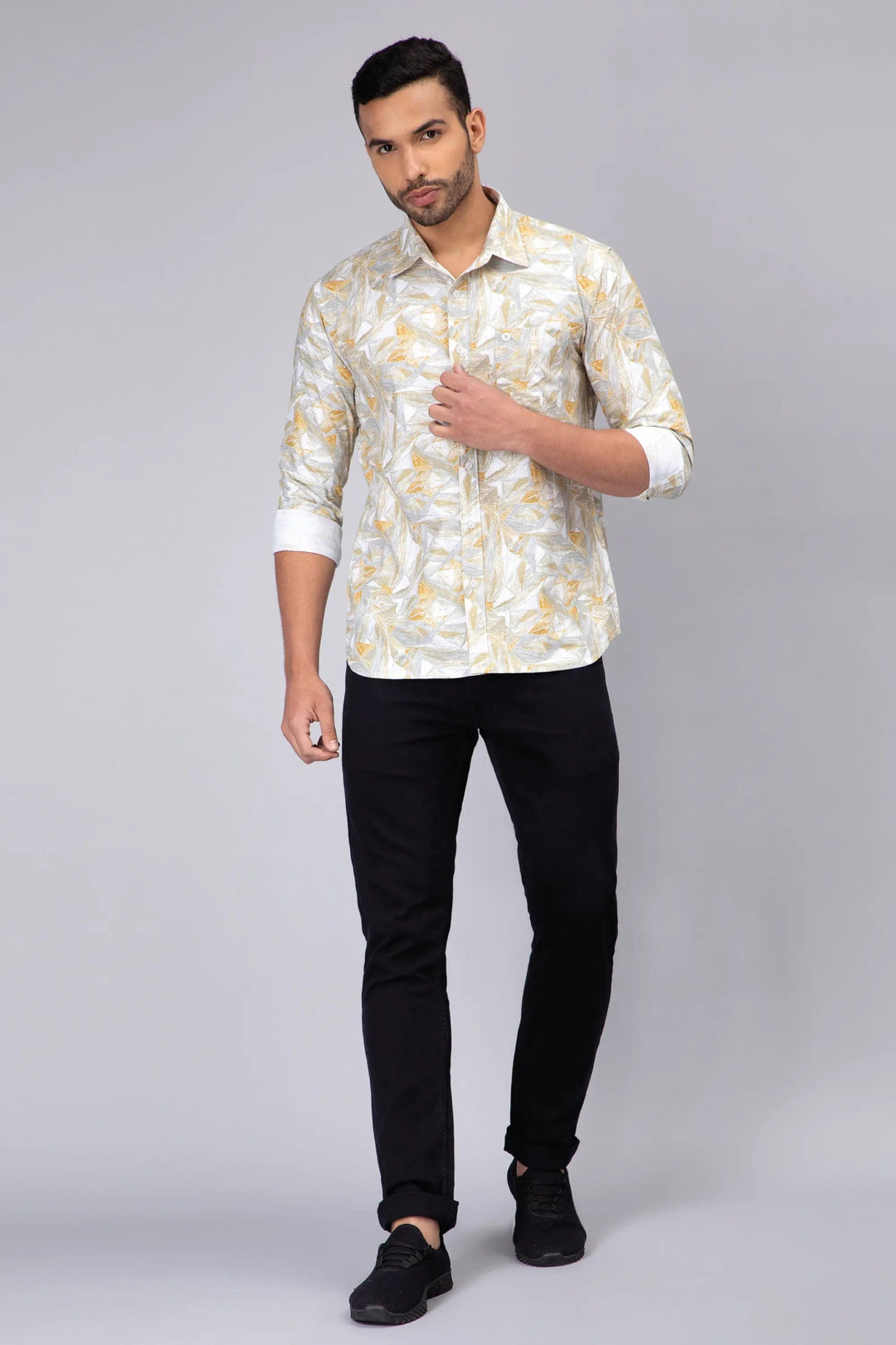 Regular Fit Cotton Standard Grey Printed Casual Shirt For Men - Peplos Jeans