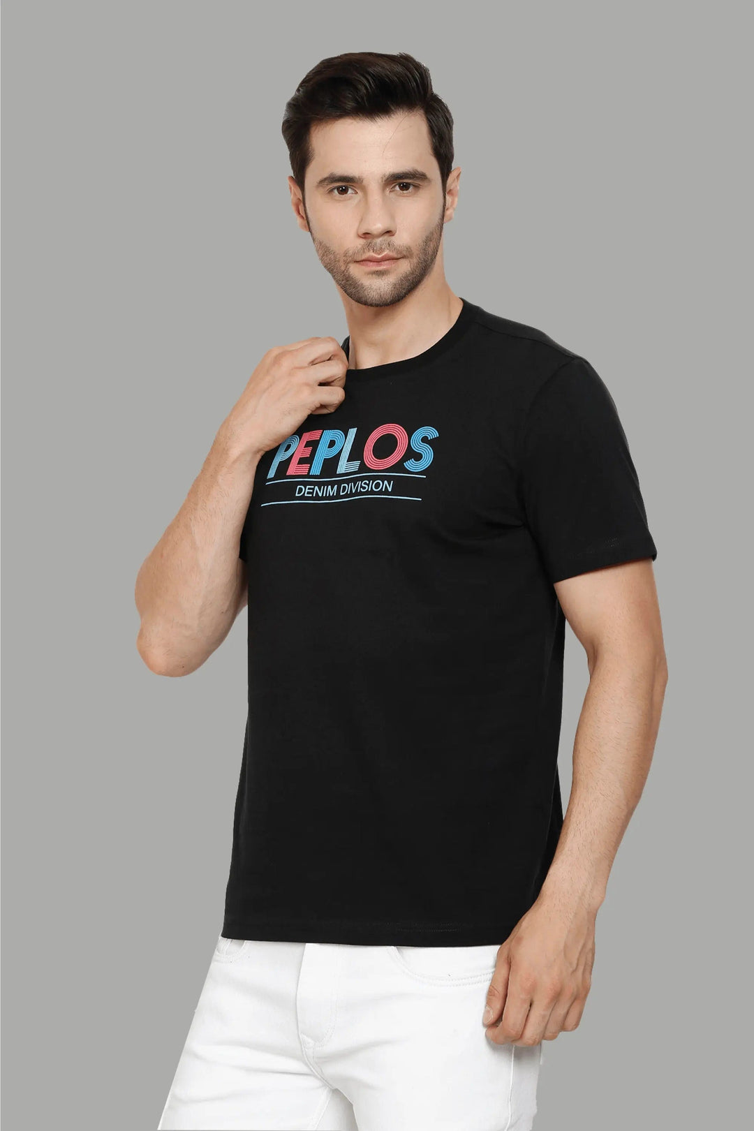 Regular Fit Cotton Black Printed Round Neck Men's T-Shirt - Peplos Jeans 