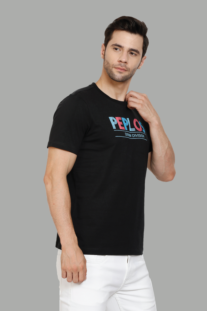 Regular Fit Cotton Black Printed Round Neck Men's T-Shirt - Peplos Jeans
