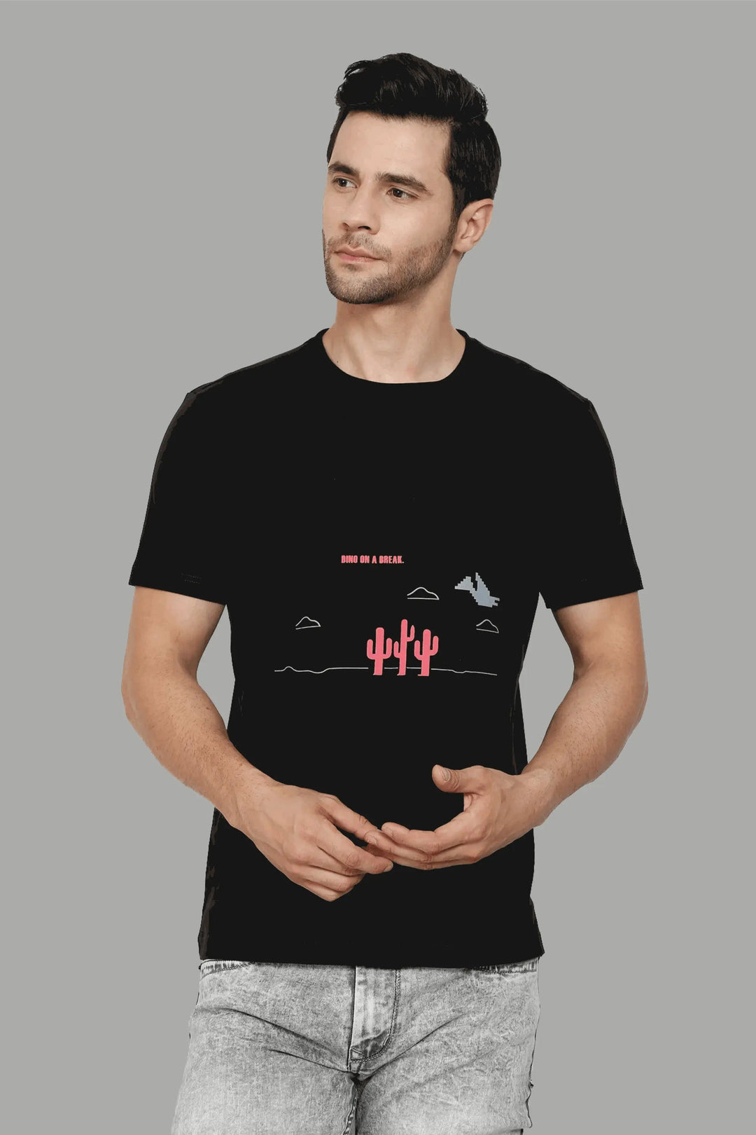 Men's Cotton Regular Fit Black Dino On Break Printed Round Neck T-Shirt - Peplos Jeans