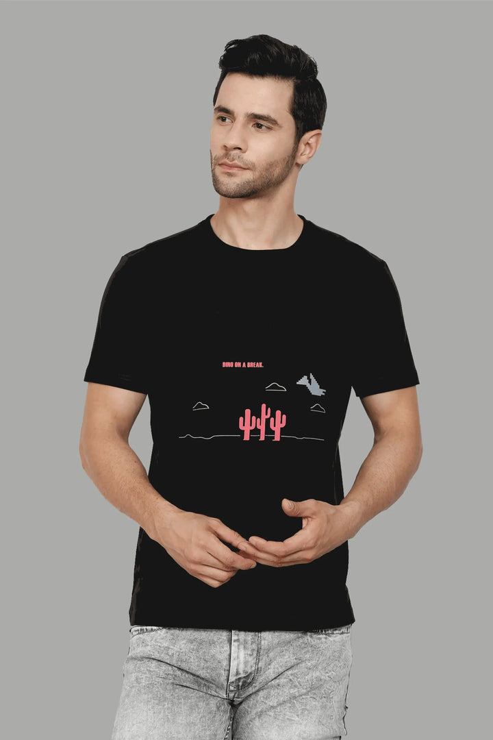 Men's Cotton Regular Fit Black Dino On Break Printed Round Neck T-Shirt - Peplos Jeans