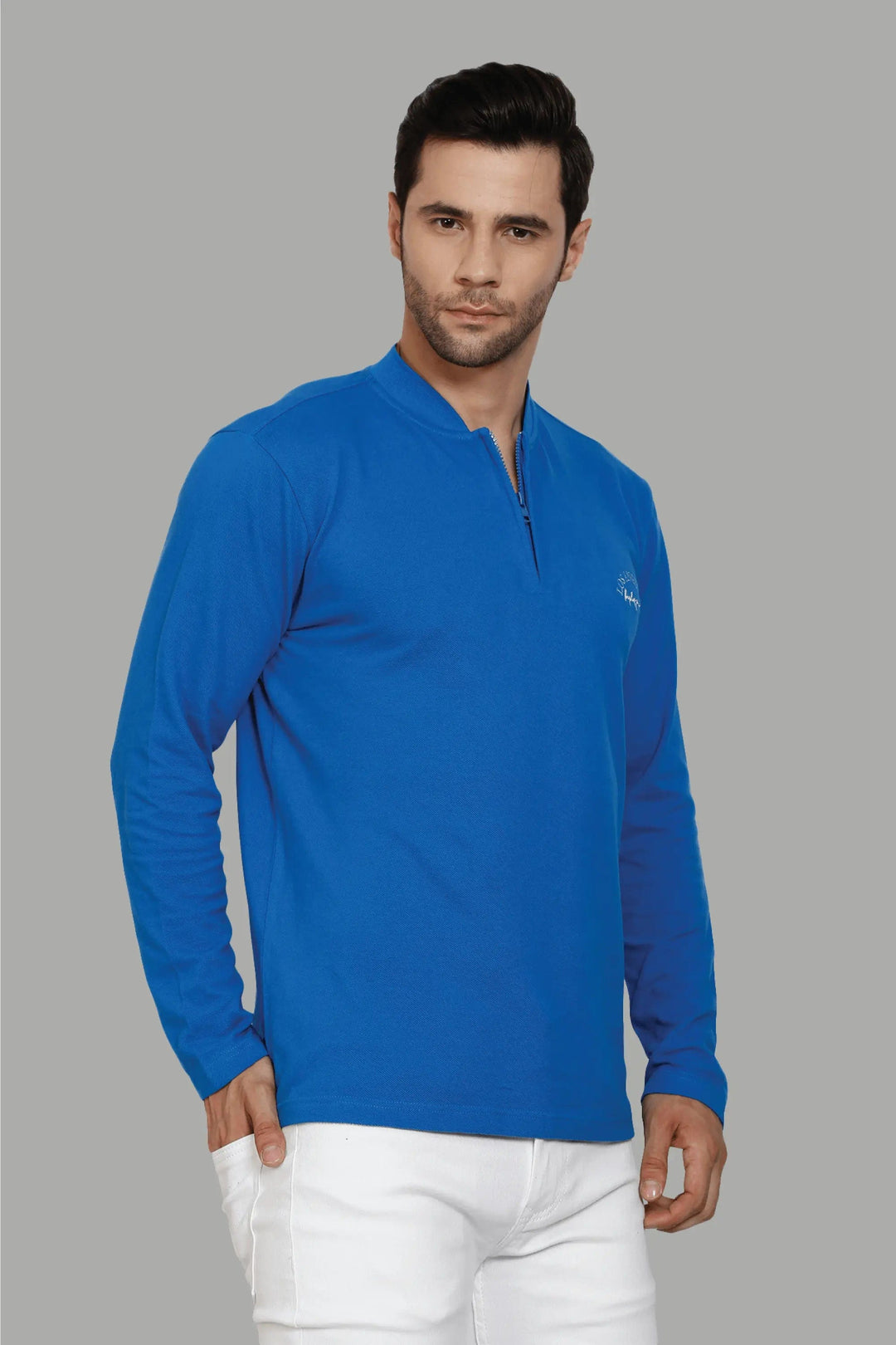 Men's Regular Fit Polo neck Bright Blue T-Shirt with Zip Closer - Peplos Jeans
