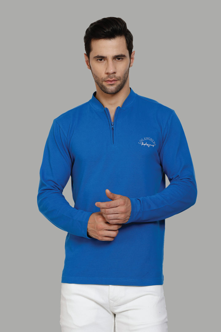 Men's Regular Fit Polo neck Bright Blue T-Shirt with Zip Closer - Peplos Jeans