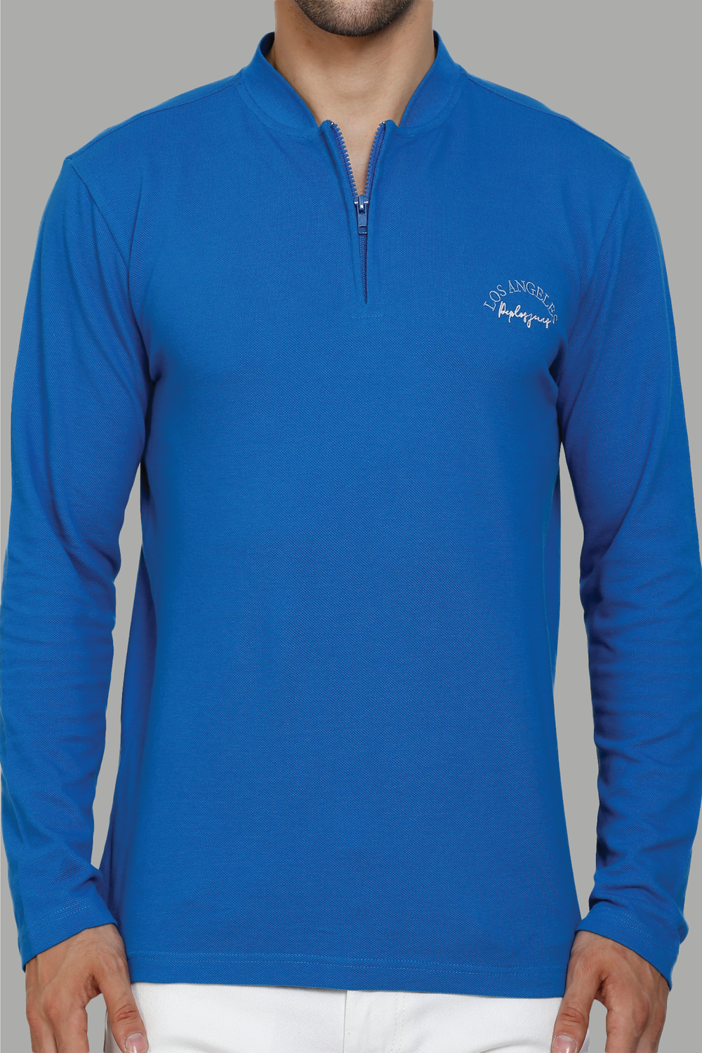 Men's Regular Fit Polo neck Bright Blue T-Shirt with Zip Closer - Peplos Jeans