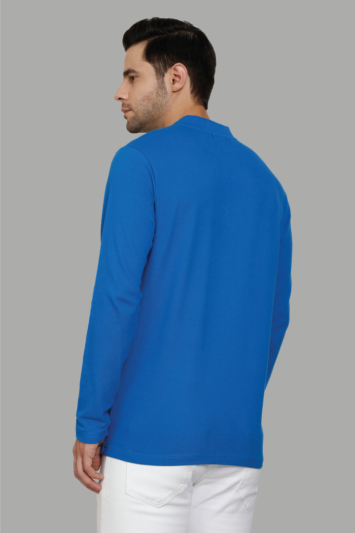 Men's Regular Fit Polo neck Bright Blue T-Shirt with Zip Closer - Peplos Jeans