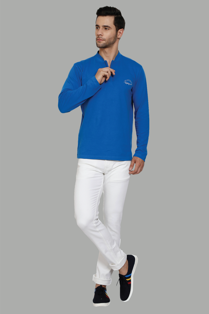 Men's Regular Fit Polo neck Bright Blue T-Shirt with Zip Closer - Peplos Jeans