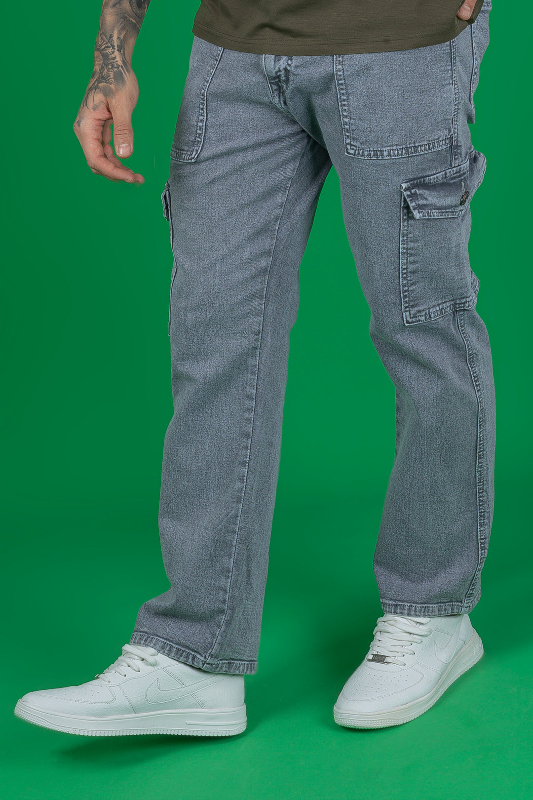 Men's Regular Fit Denim Cargo in Grey - Stretchable Fabric, Casual Style