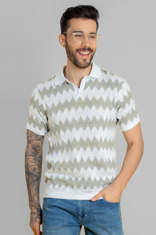 Men's Grey Cotton T-Shirt - Textured Polo Neck