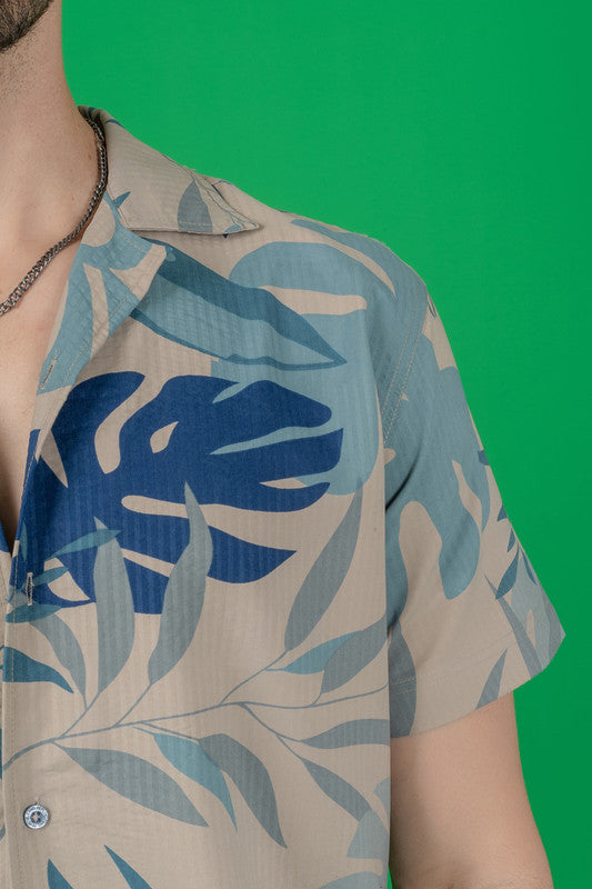 Men's Tropical Print Cuban Collar Shirt - Blue