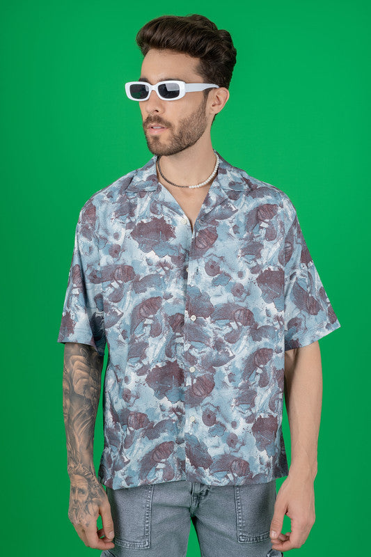Men's Oversized Cuban Collar Cotton Shirt - Abstract Turquoise Print - Half Sleeves