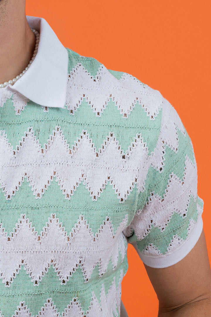 Men's Sea Green Crochet Polo Collar T-Shirt