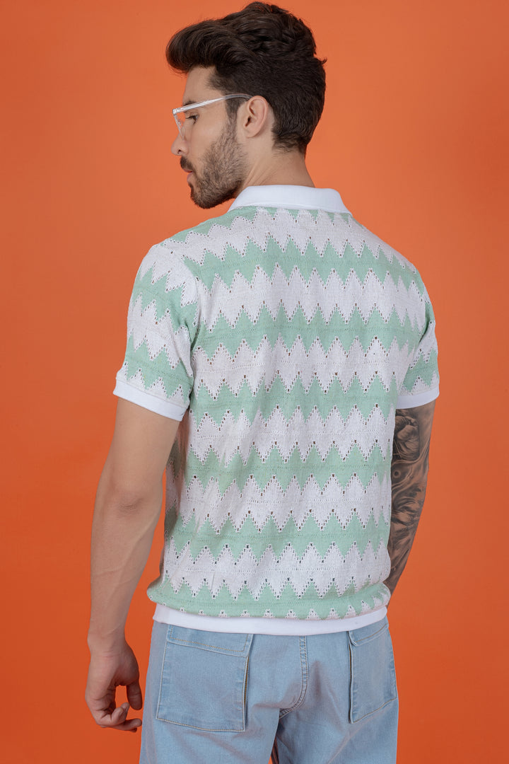 Men's Sea Green Crochet Polo Collar T-Shirt