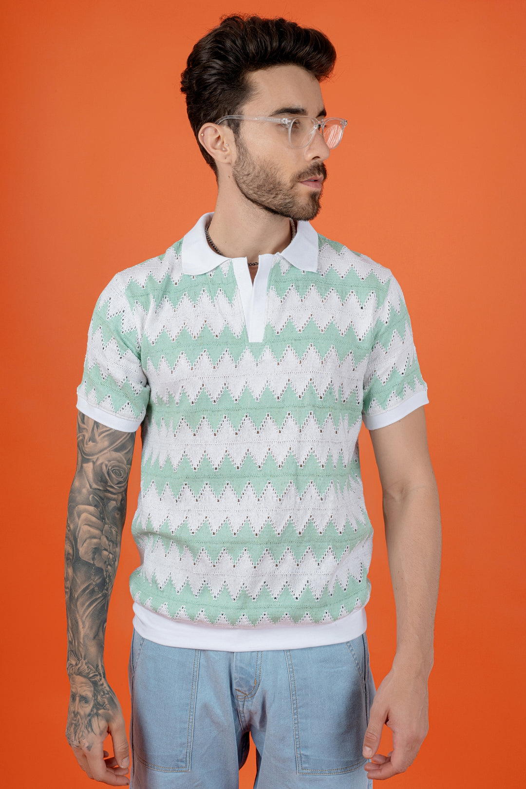 Sea Green Crochet Polo T-Shirt - Regular Fit