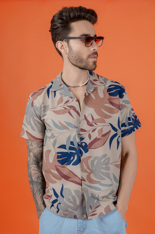 Men's Regular Fit Cuban Collar Cotton Shirt - Tropical Print - Brown Flower
