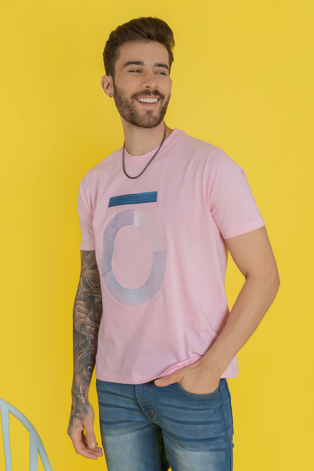 Men's Round Neck Pink T-Shirt - Regular Fit, Embroidered Cotton Tee