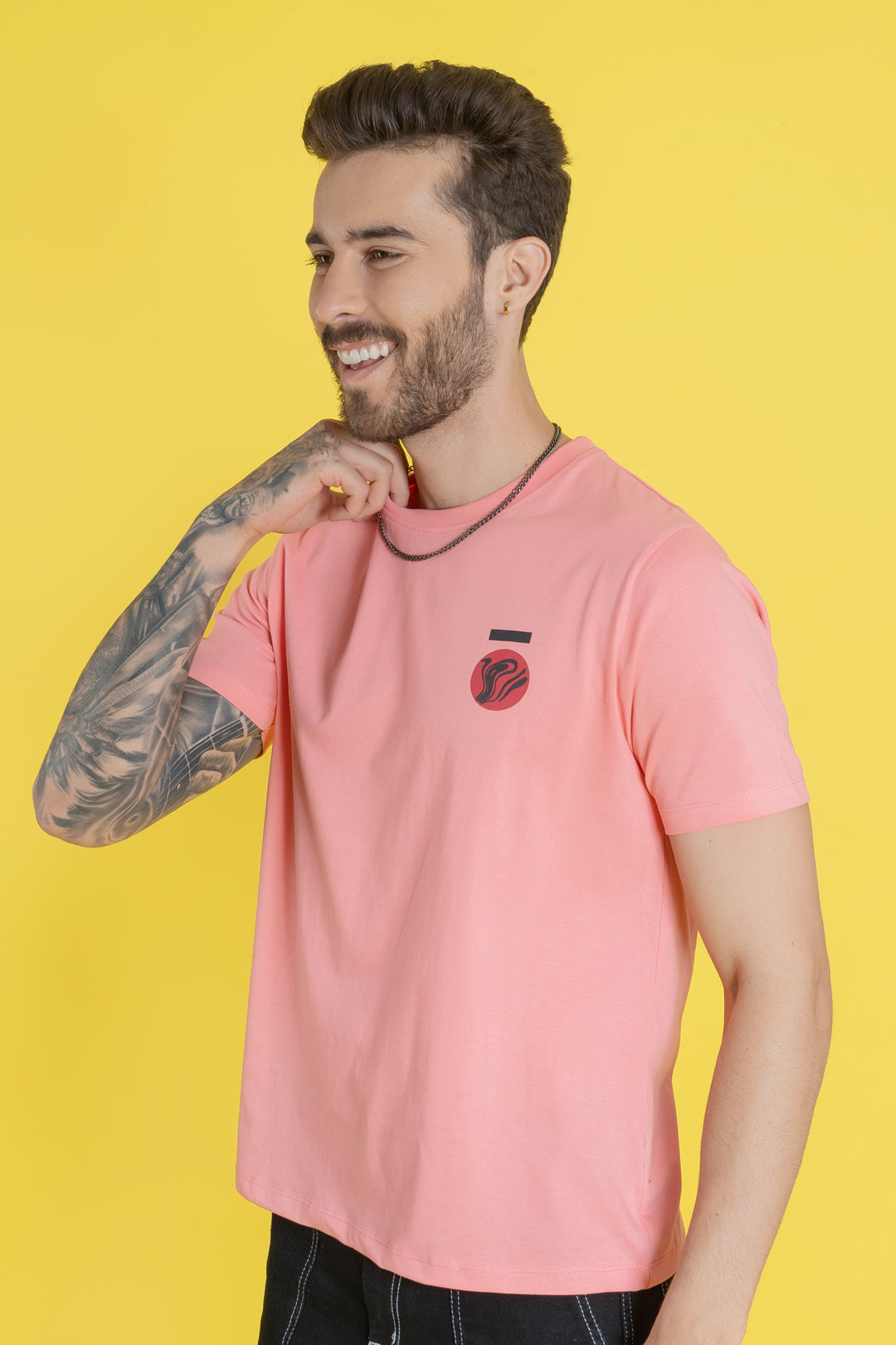 Men's Printed Salmon Pink T-Shirt - Regular Fit, Round Neck Cotton Tee