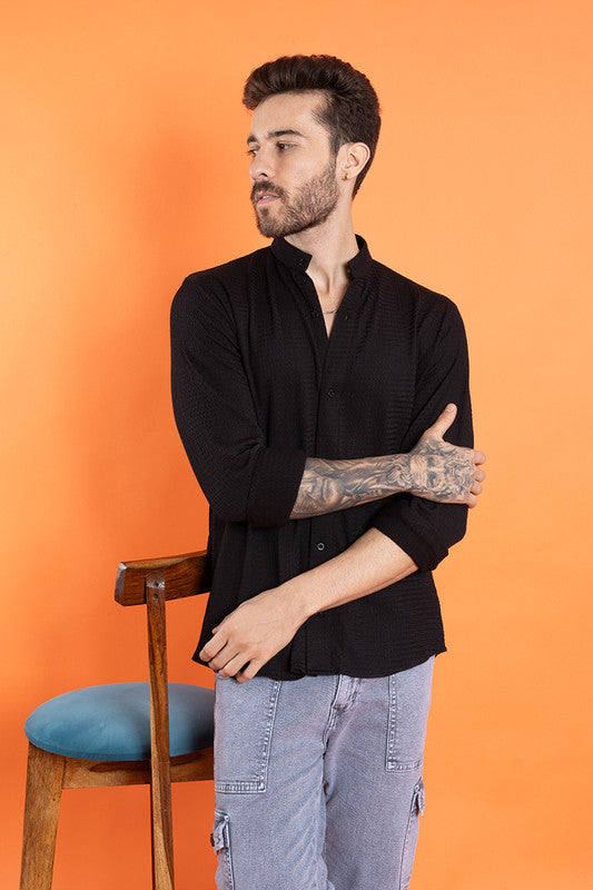 Regular Fit Full Sleeve Men's Shirt - Ban Collar, Solid Print, Casual Wear