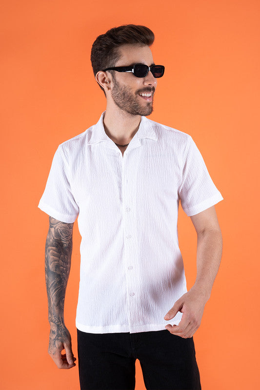Men's White Cuban Collar Shirt - Regular Fit, Polyester