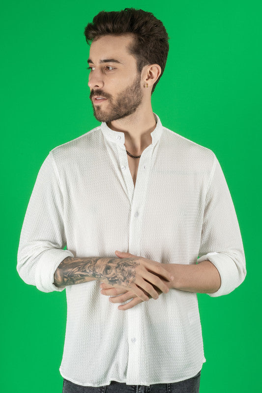 Men's White Cotton Shirt - Regular Fit, Full Sleeve Ban Collar