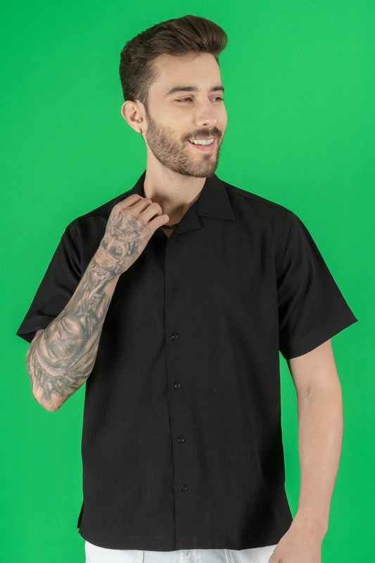 Black Polyester Men's Shirt - Cuban Collar, Regular Fit, Half Sleeve