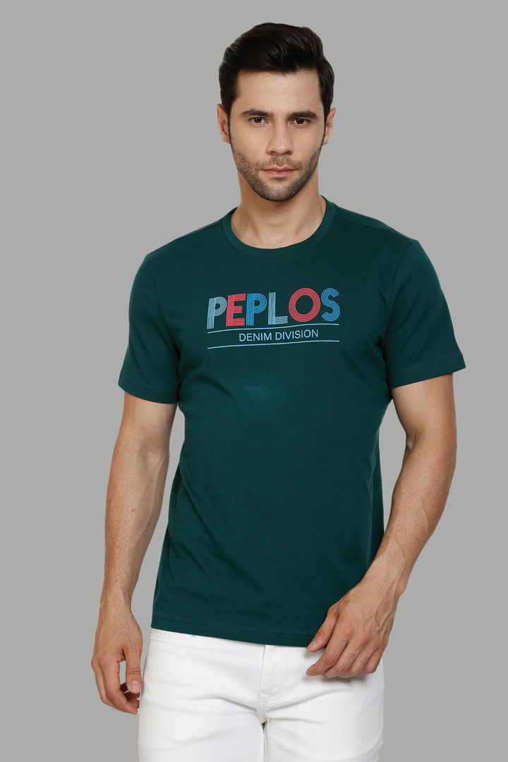 Brand Print Green Round Neck Men's Premium T-Shirt - Peplos Jeans