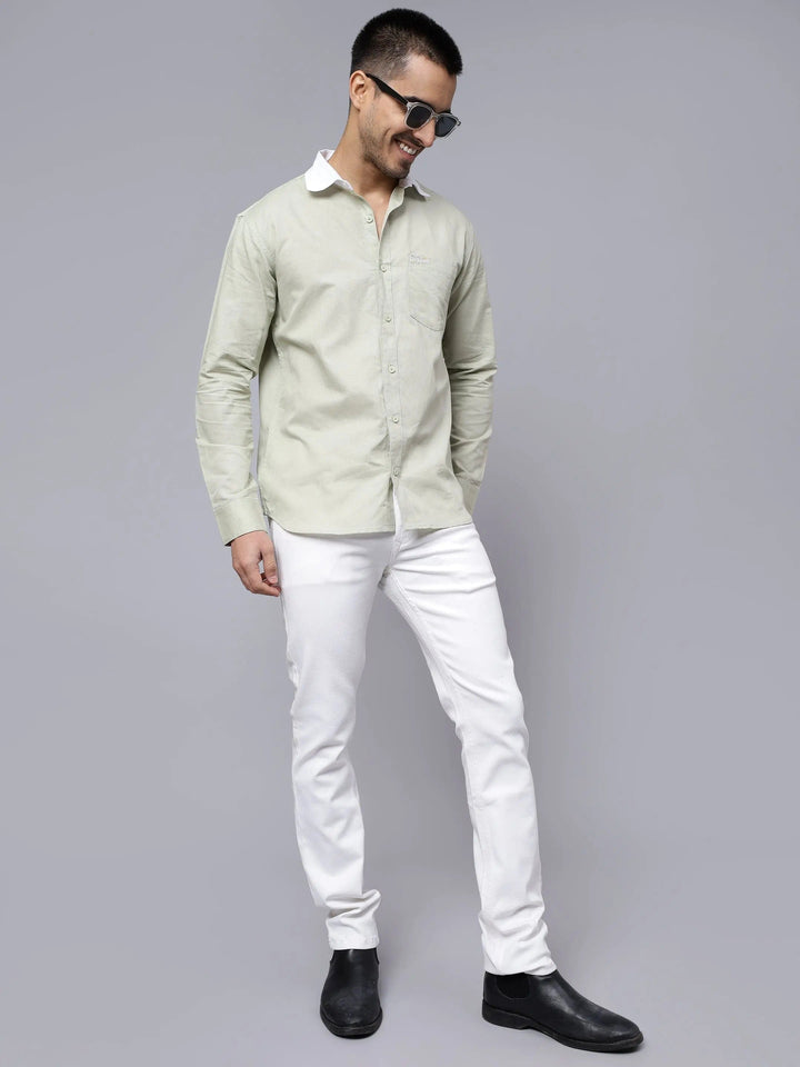 Regular Fit Cotton Pista Green Casual Shirt For Men - Peplos Jeans