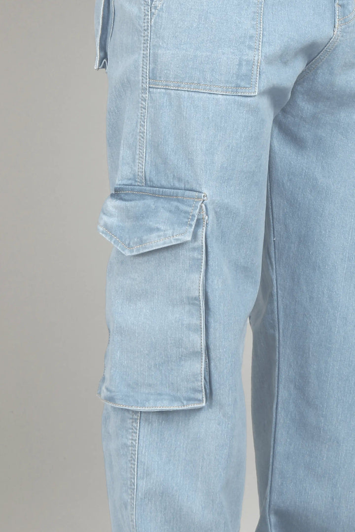 Men's Loose Fit Multiple Pocket Light Blue Cargo Denim Jeans - Peplos Jeans 