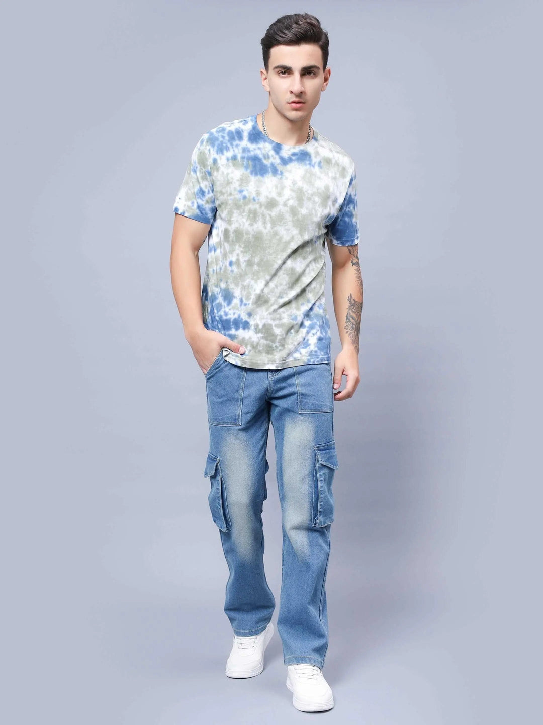 Men's Loose Fit Multiple Pocket Blue Cargo Denim Jeans - Peplos Jeans