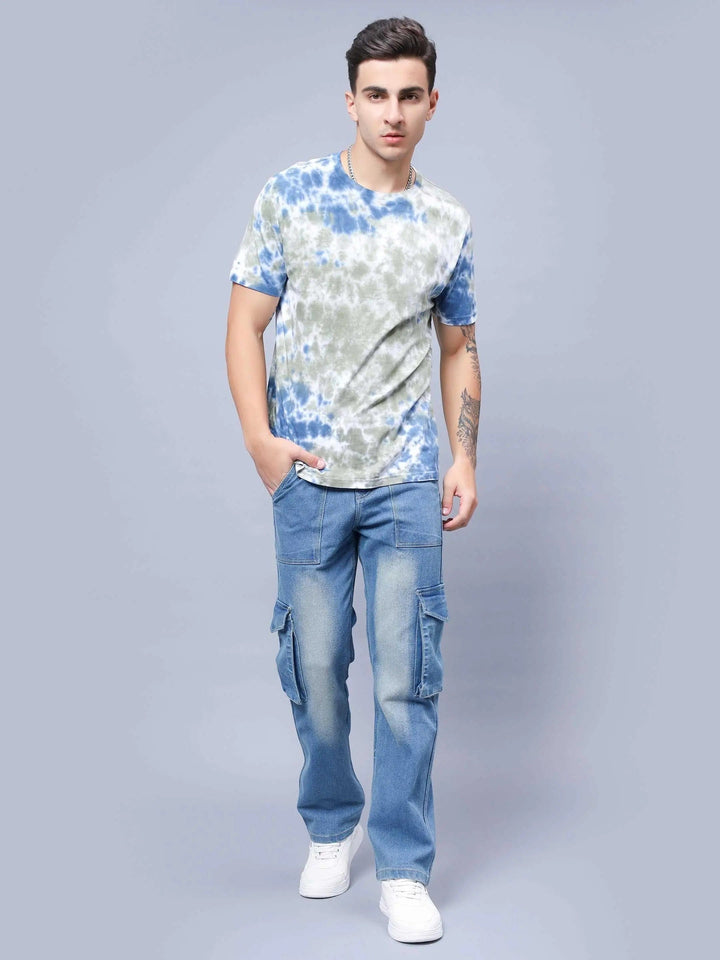 Men's Loose Fit Multiple Pocket Blue Cargo Denim Jeans - Peplos Jeans