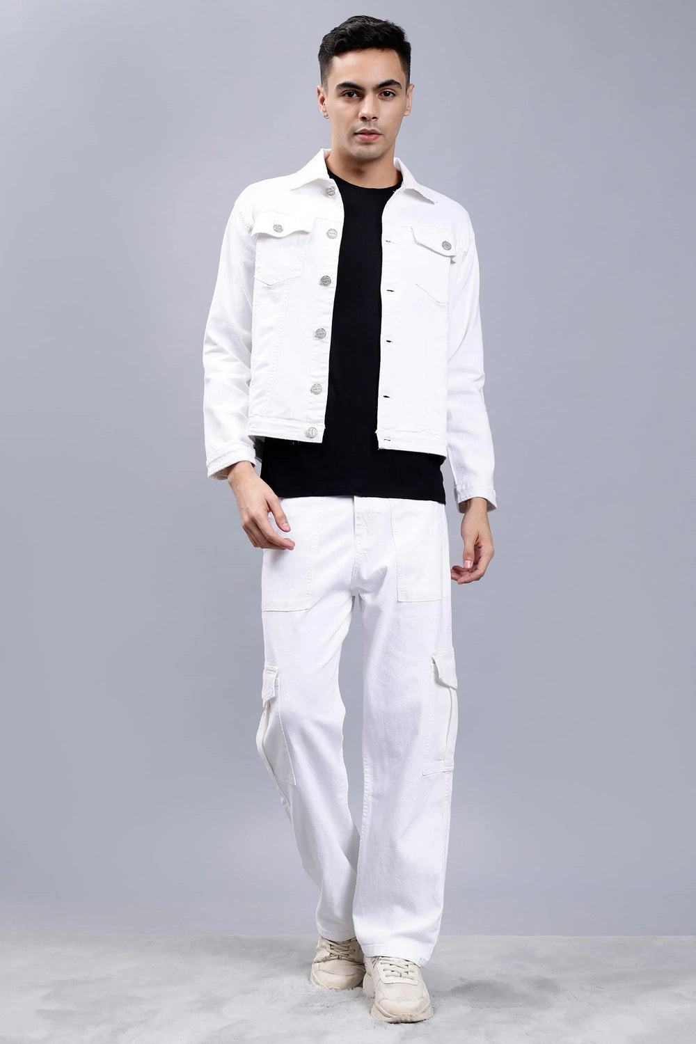 Regular Fit White Denim Cargo & Jacket Co-ord Set for Men - Peplos Jeans