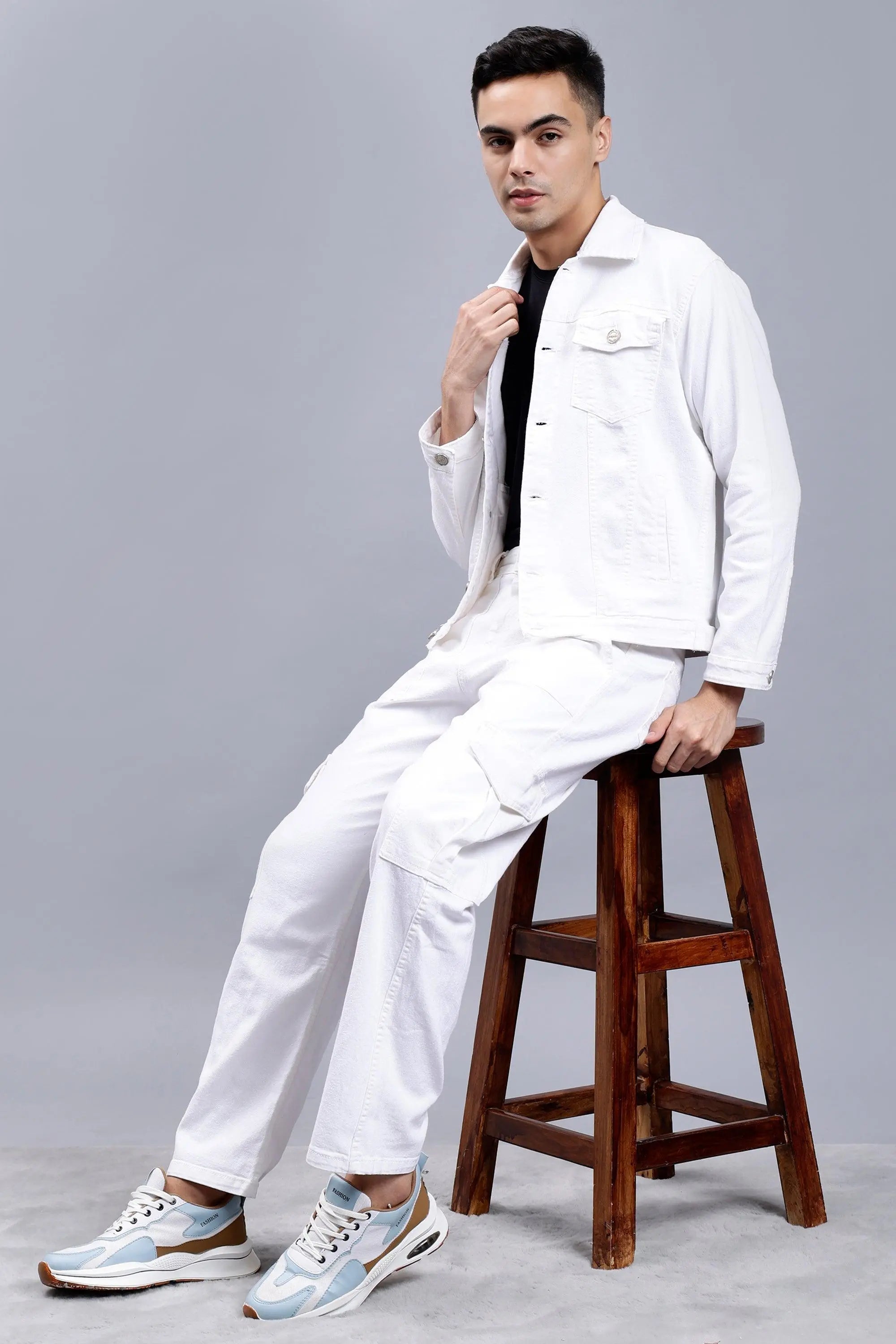 Regular Fit White Denim Cargo Jacket Co-ord Set for Men
